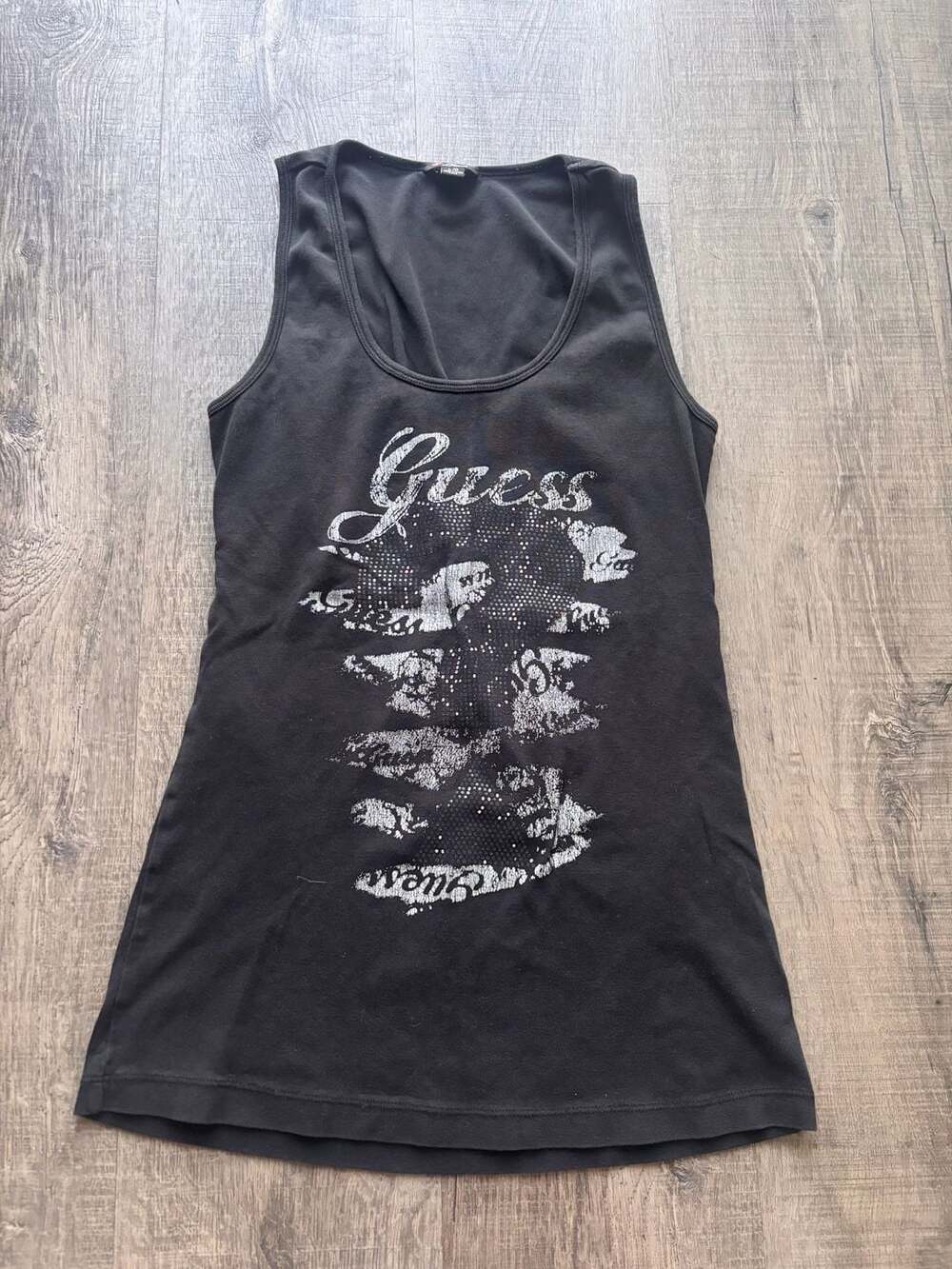 Guess Sleeveless Rhinestone Graphic Tank Top Black
